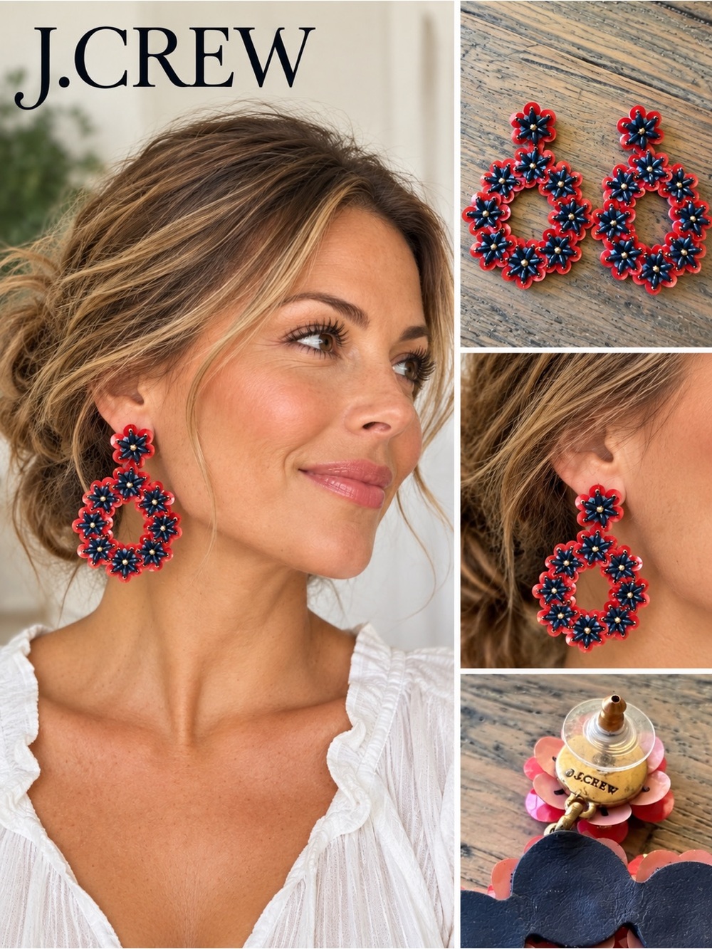 J.Crew Colorful Floral Hoop Statement Earrings Red Navy Gold